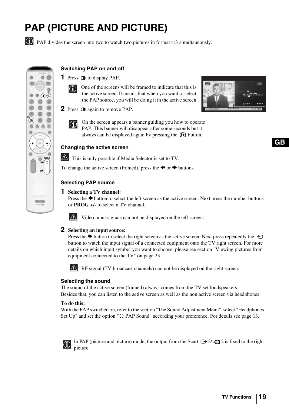 Pap (picture and picture), 19 gb | Sony KV-29FQ85K User Manual | Page 18 / 164