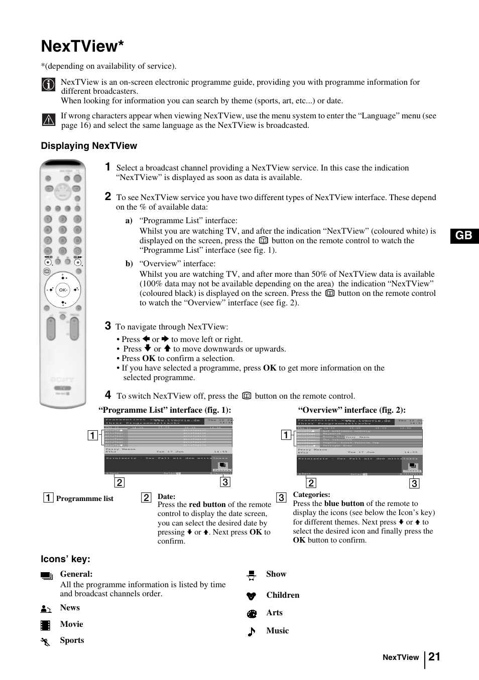Nextview, 21 gb, Displaying nextview | Icons’ key | Sony KV-29FQ85K User Manual | Page 20 / 164