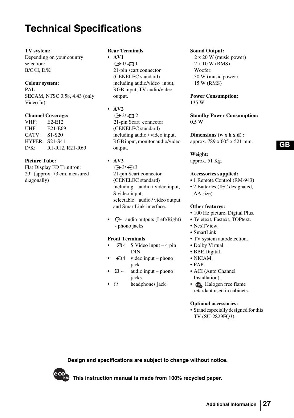 Technical specifications, 27 gb | Sony KV-29FQ85K User Manual | Page 26 / 164