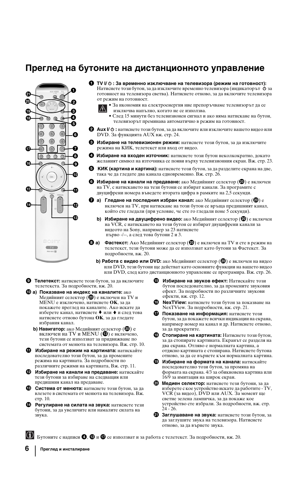 Преглед на бутоните на дистанционното управление | Sony KV-29FQ85K User Manual | Page 32 / 164