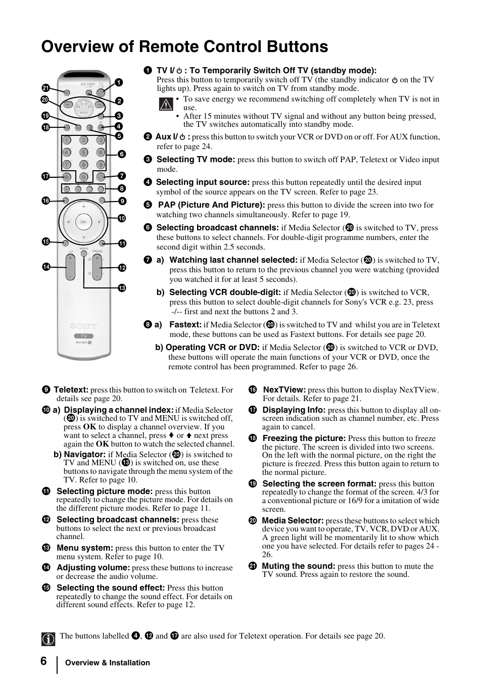 Overview of remote control buttons | Sony KV-29FQ85K User Manual | Page 5 / 164