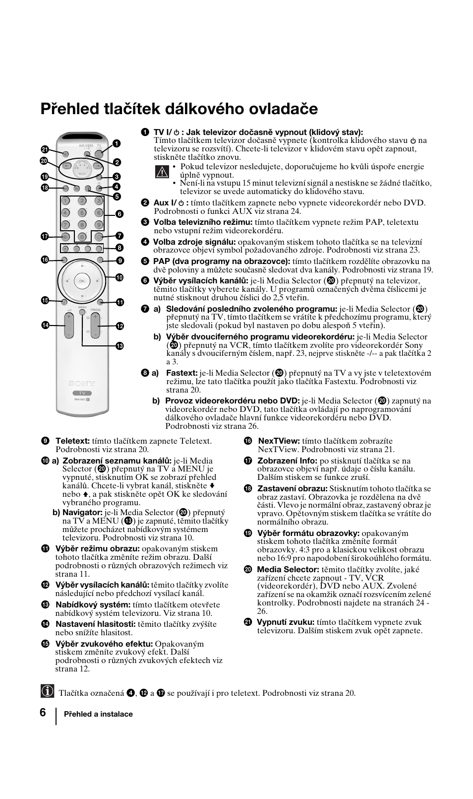 Přehled tlačítek dálkového ovladače | Sony KV-29FQ85K User Manual | Page 59 / 164