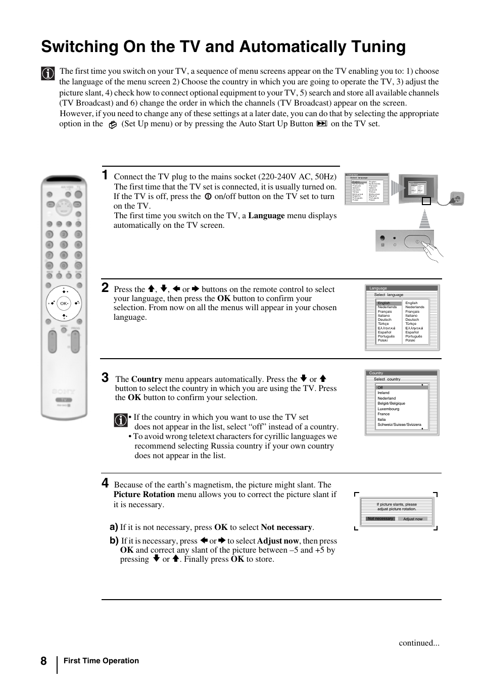 Switching on the tv and automatically tuning | Sony KV-29FQ85K User Manual | Page 7 / 164