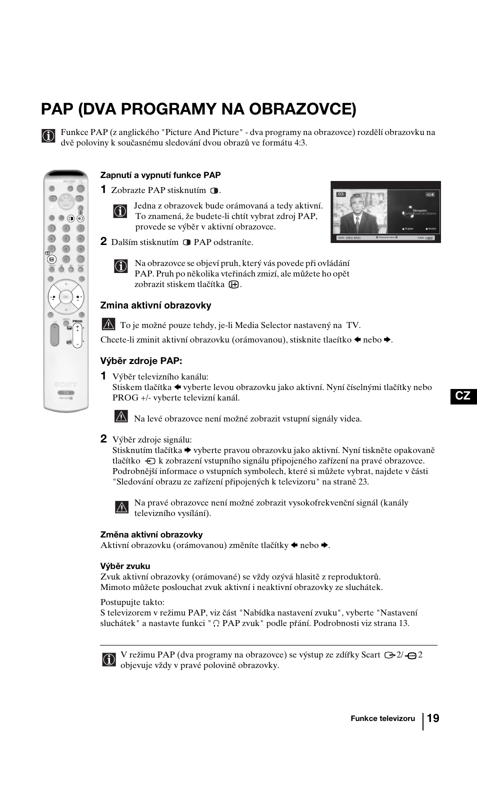 Pap (dva programy na obrazovce), 19 cz | Sony KV-29FQ85K User Manual | Page 72 / 164