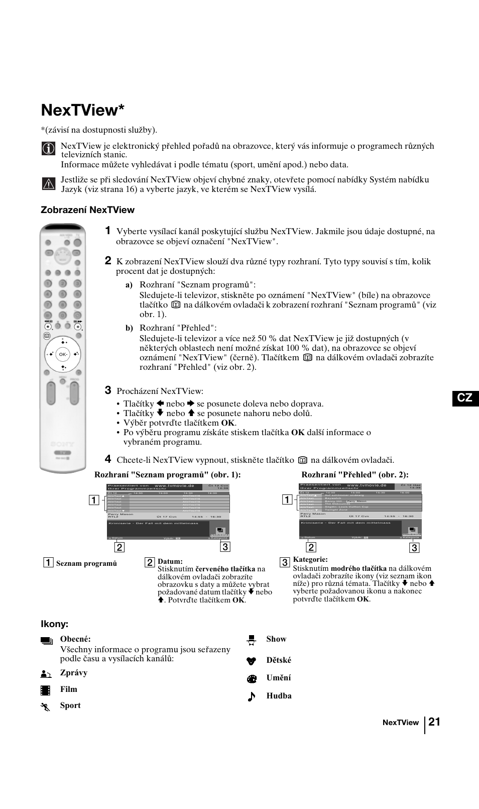 Nextview, 21 cz, Zobrazení nextview | Ikony | Sony KV-29FQ85K User Manual | Page 74 / 164