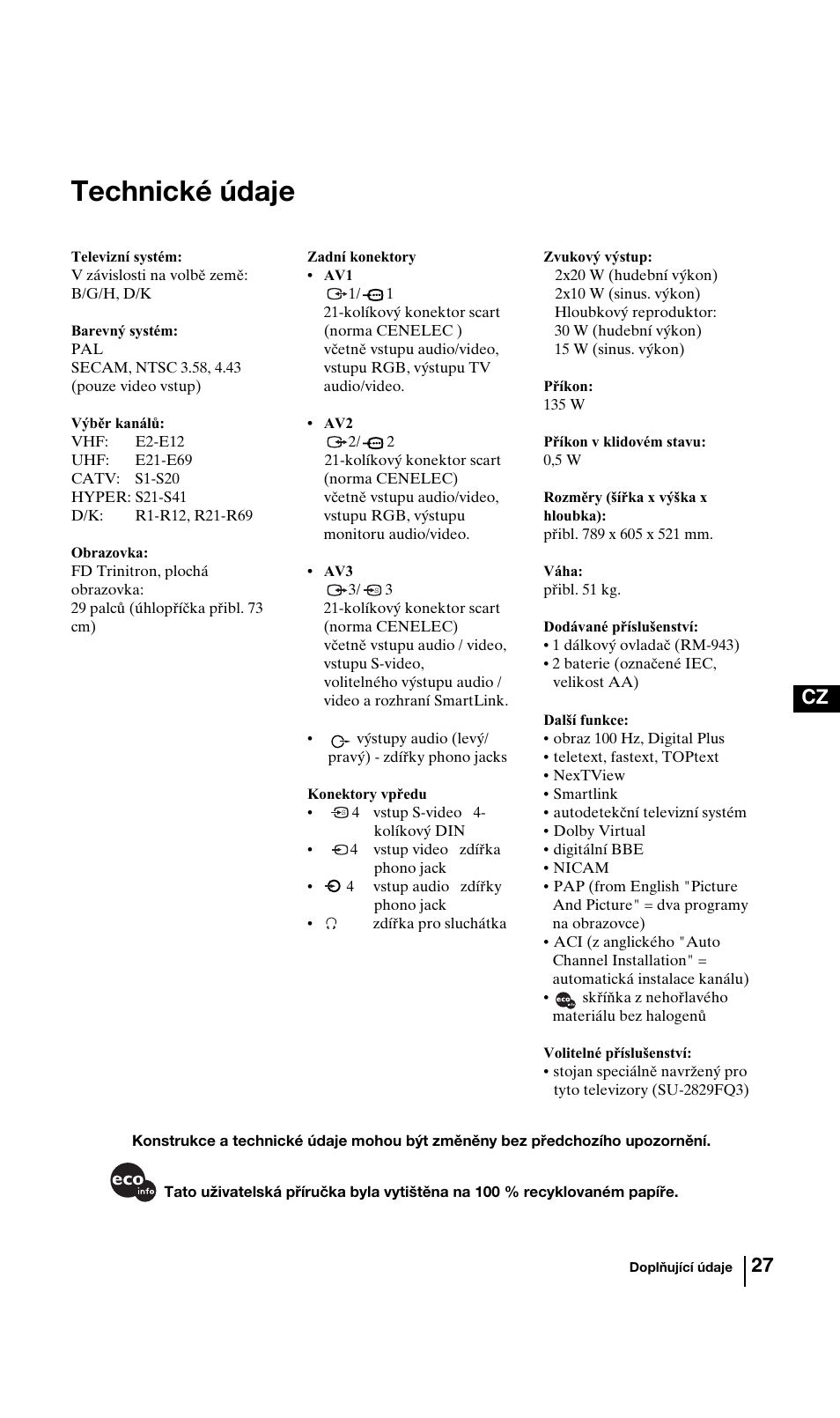 Technické údaje, 27 cz | Sony KV-29FQ85K User Manual | Page 80 / 164