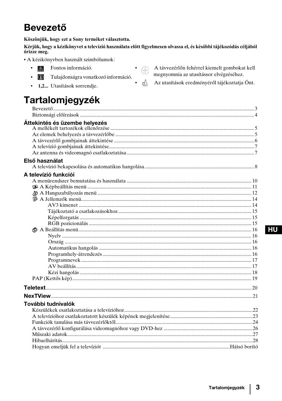 Bevezető, Tartalomjegyzék | Sony KV-29FQ85K User Manual | Page 83 / 164
