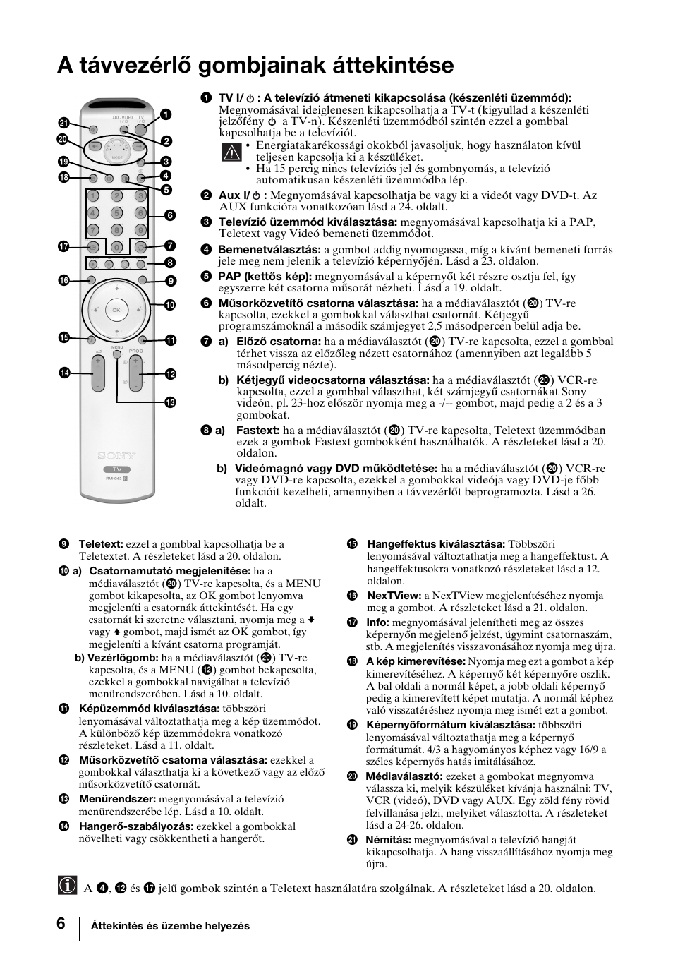 A távvezérlő gombjainak áttekintése | Sony KV-29FQ85K User Manual | Page 86 / 164