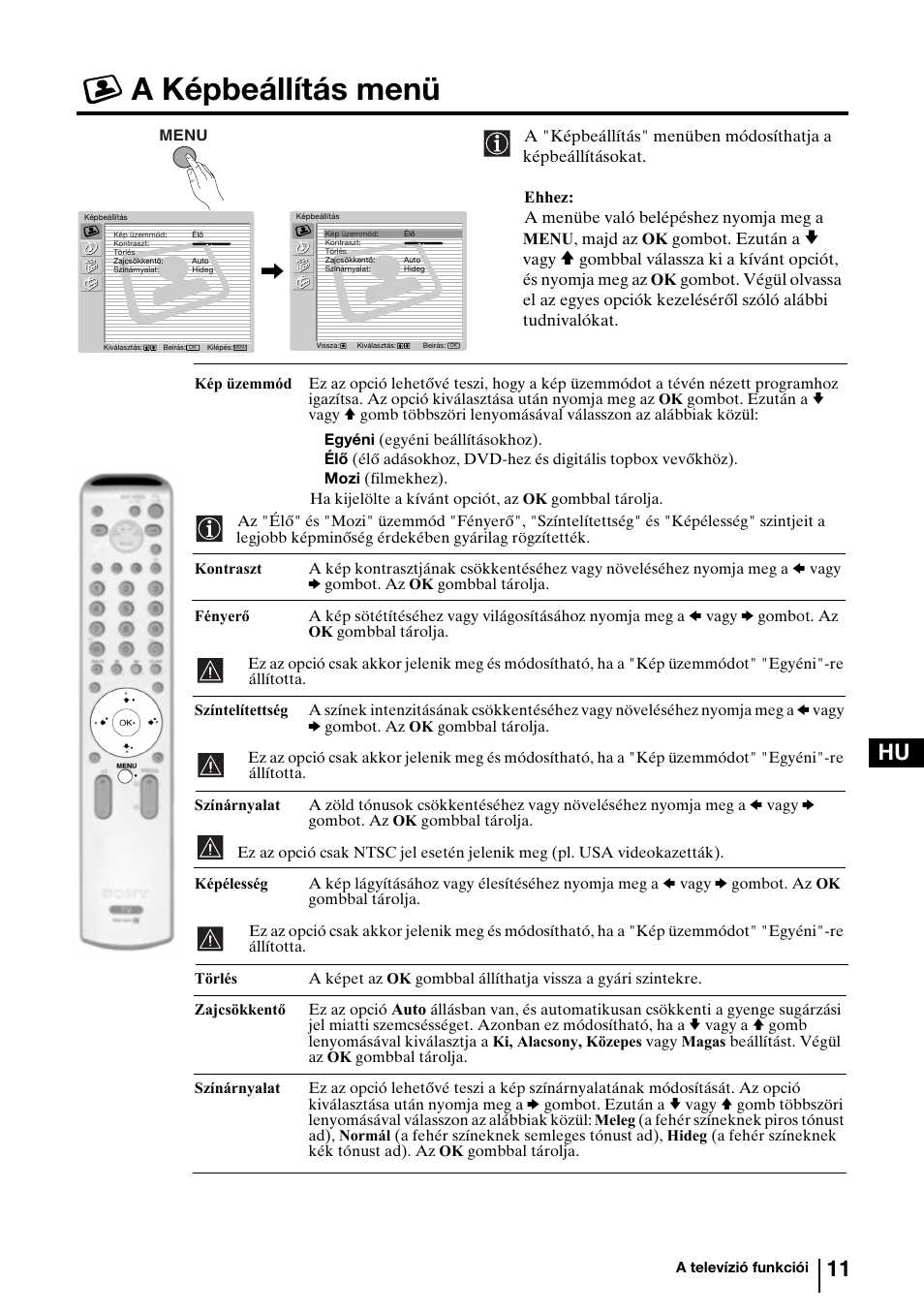 A képbeállítás menü, 11 hu | Sony KV-29FQ85K User Manual | Page 91 / 164