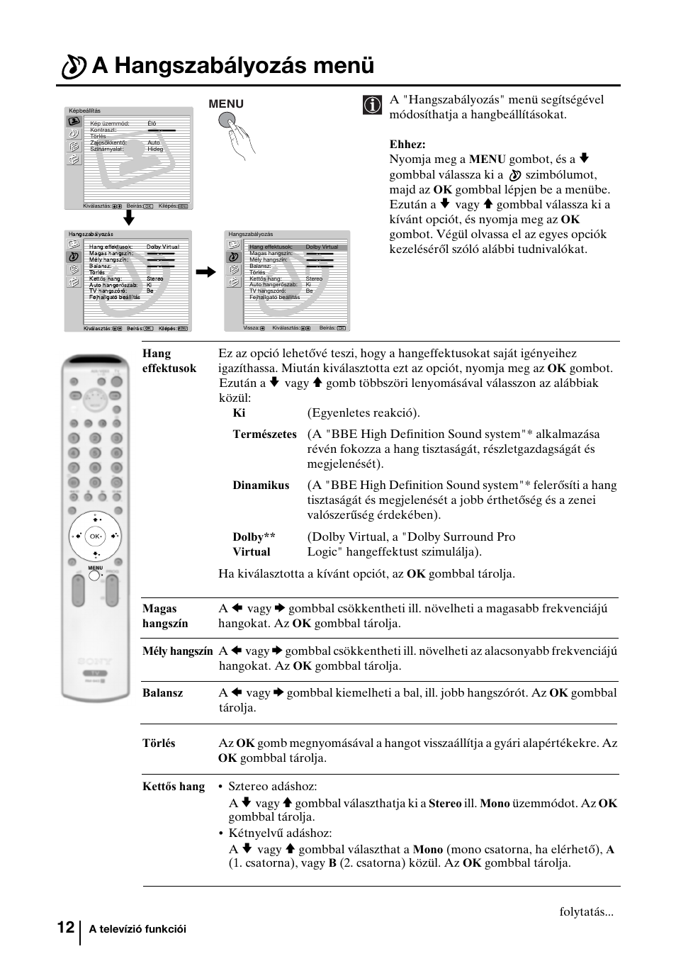 A hangszabályozás menü | Sony KV-29FQ85K User Manual | Page 92 / 164