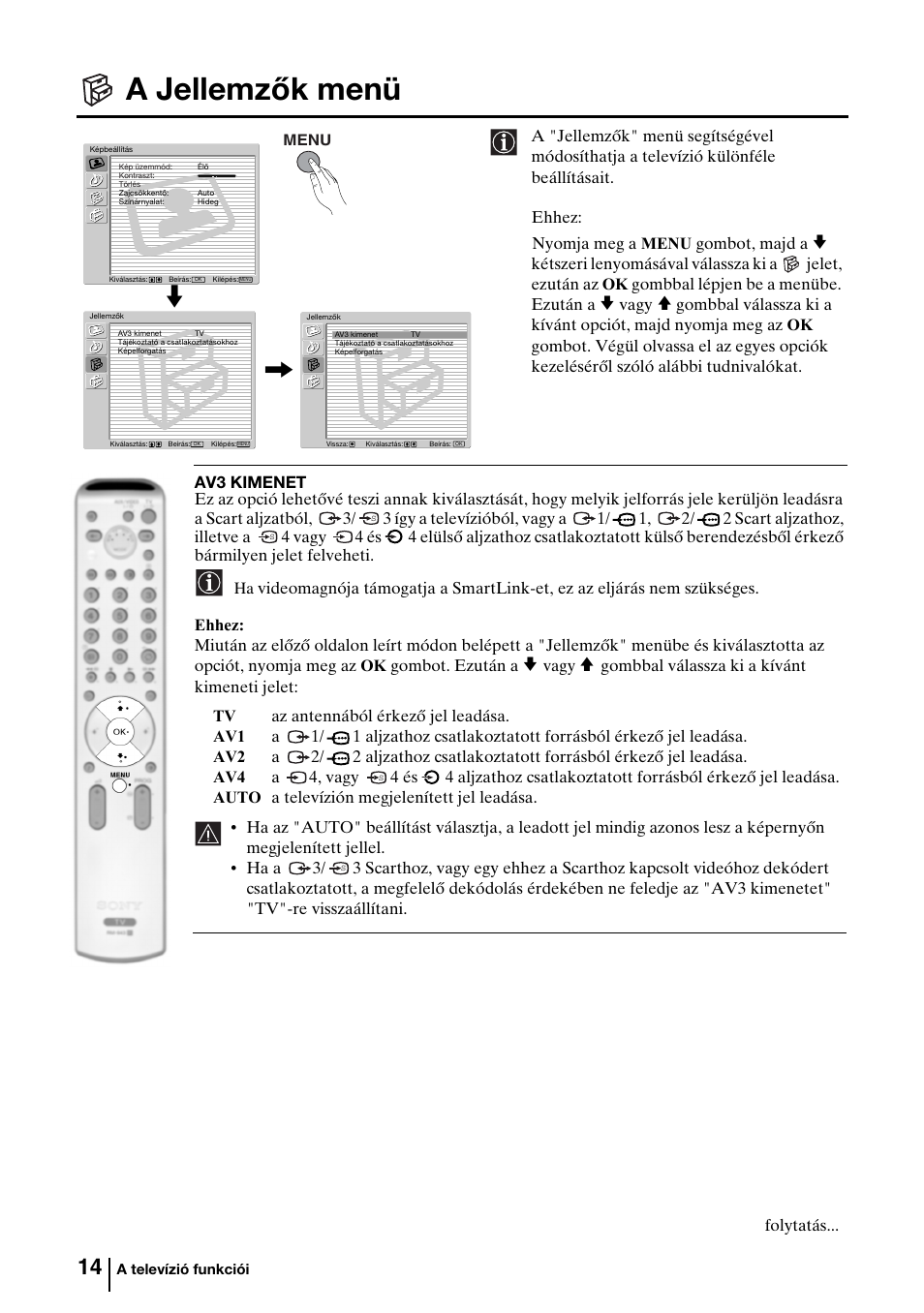 A jellemzők menü | Sony KV-29FQ85K User Manual | Page 94 / 164