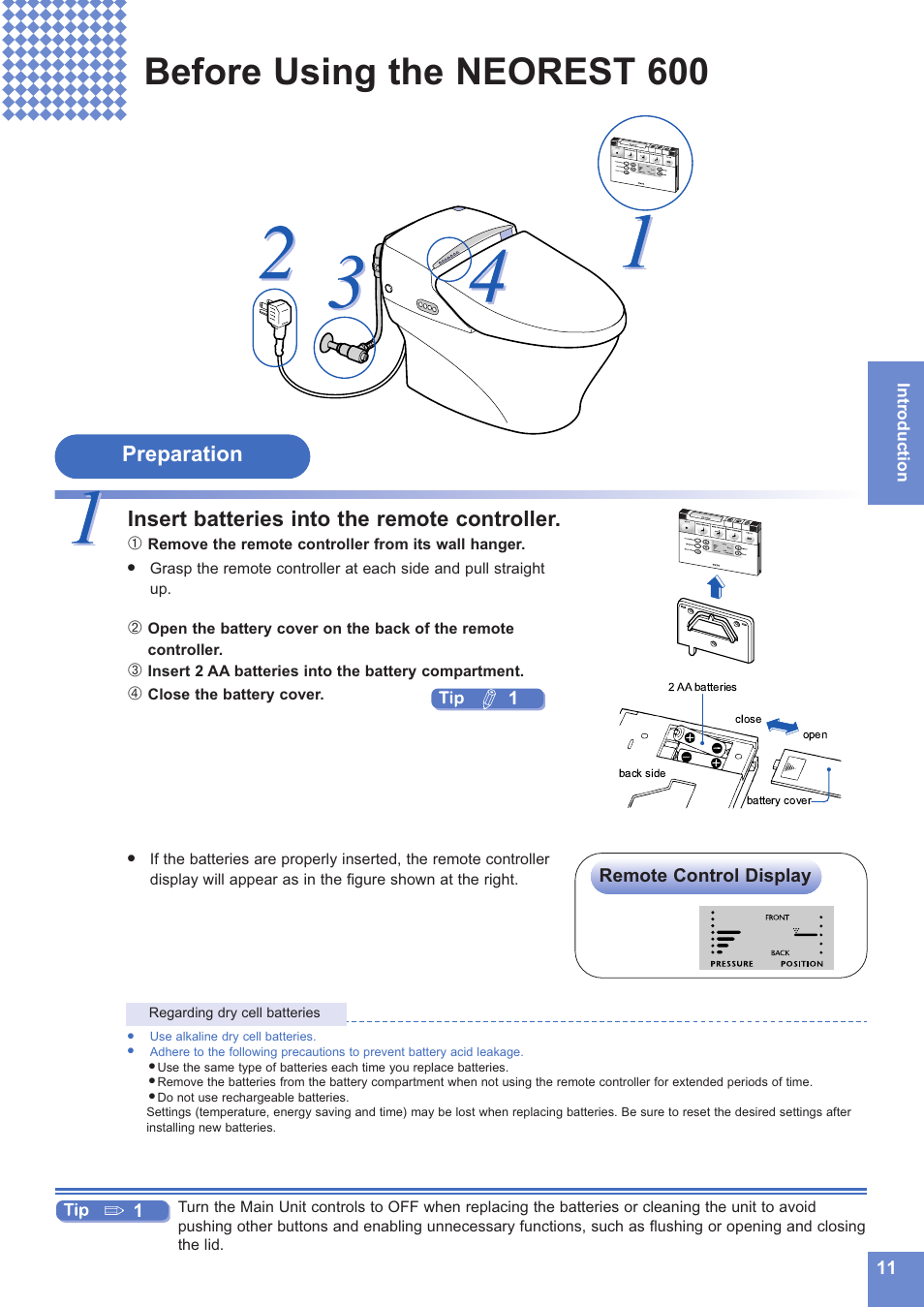 Before using the neorest 600, Remote control display | Toto NEOREST MS990CG User Manual | Page 11 / 48