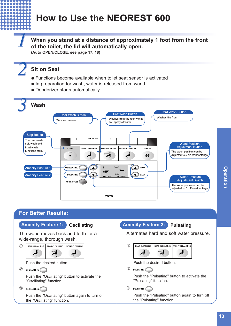 How to use the neorest 600, Sit on seat, For better results | Toto NEOREST MS990CG User Manual | Page 13 / 48