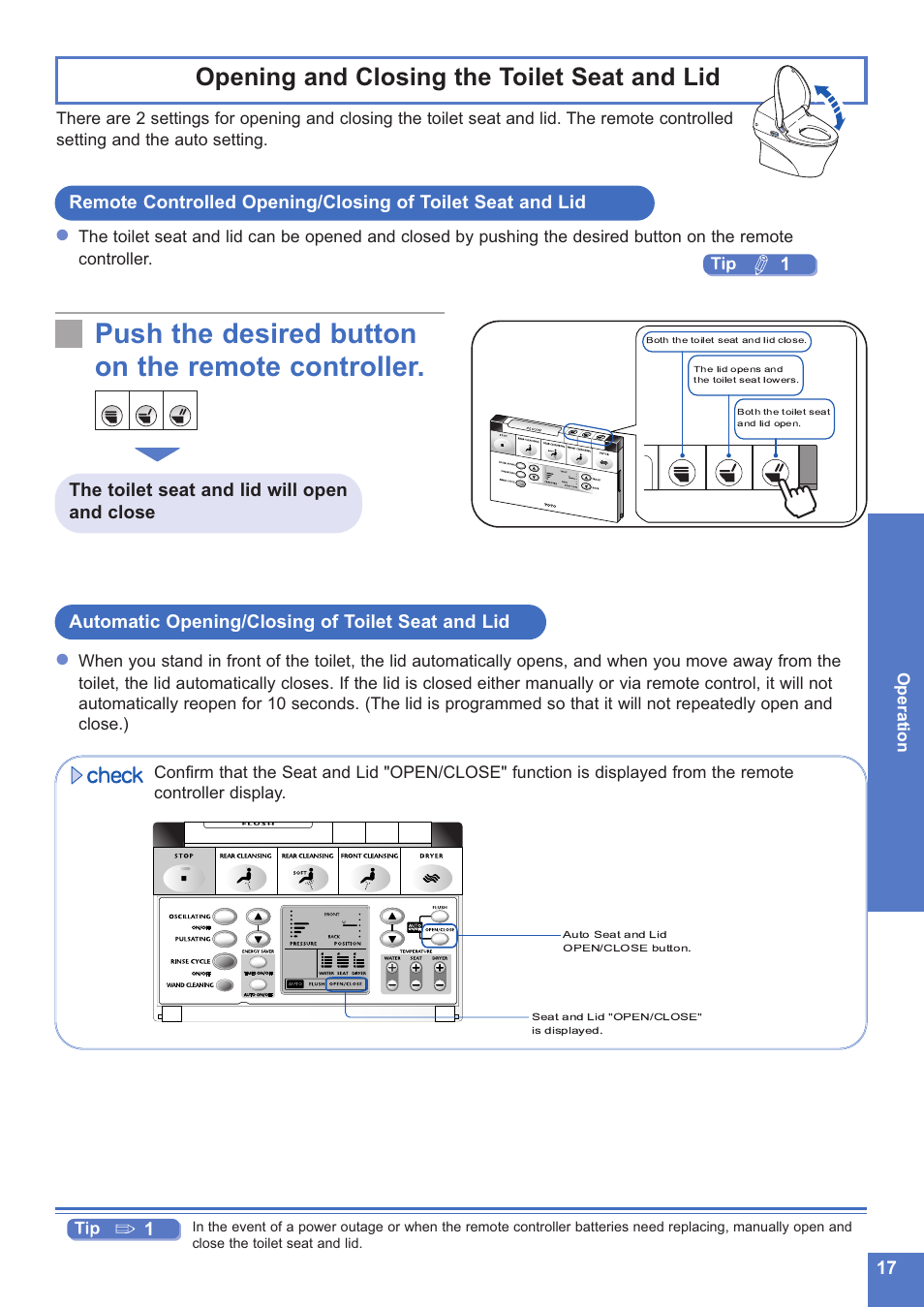 Push the desired button on the remote controller, Opening and closing the toilet seat and lid | Toto NEOREST MS990CG User Manual | Page 17 / 48