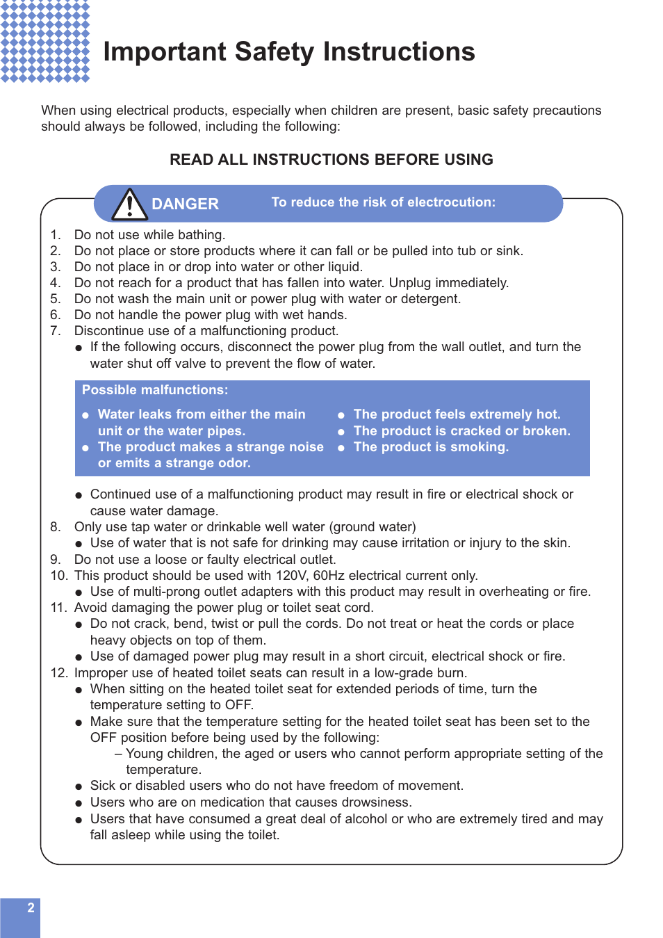 Important safety instructions, Read all instructions before using, Danger | Toto NEOREST MS990CG User Manual | Page 2 / 48