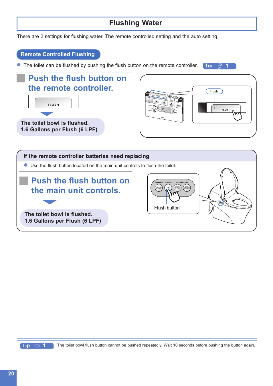 Push the flush button on the remote controller, Push the flush button on the main unit controls, Flushing water | Toto NEOREST MS990CG User Manual | Page 20 / 48