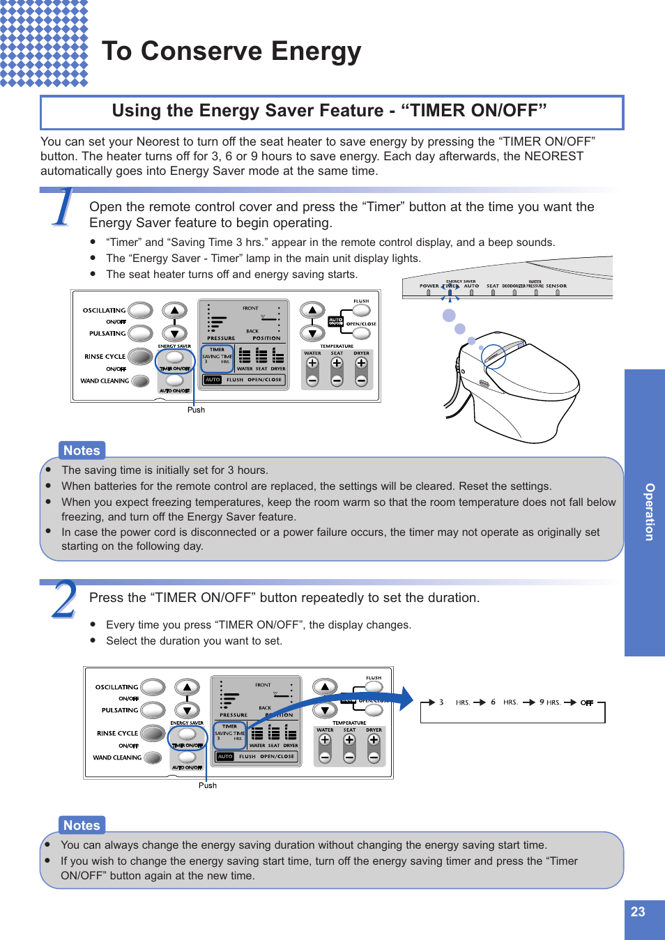 Using the energy saver feature - “timer on/off | Toto NEOREST MS990CG User Manual | Page 23 / 48