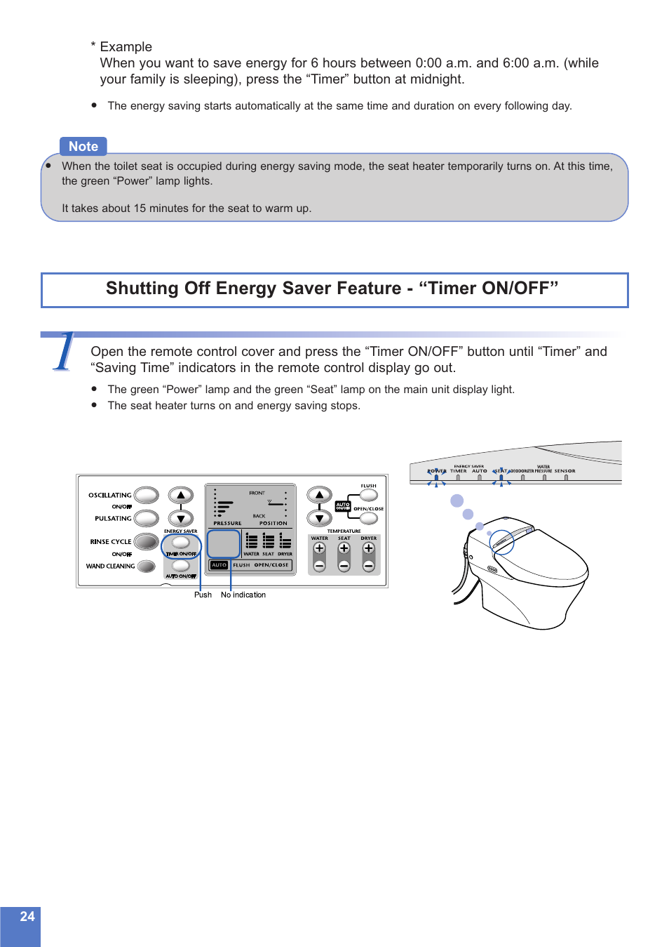 Shutting off energy saver feature - “timer on/off | Toto NEOREST MS990CG User Manual | Page 24 / 48