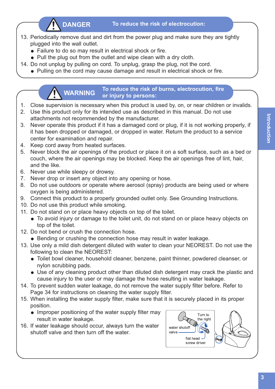 Warning, Danger | Toto NEOREST MS990CG User Manual | Page 3 / 48