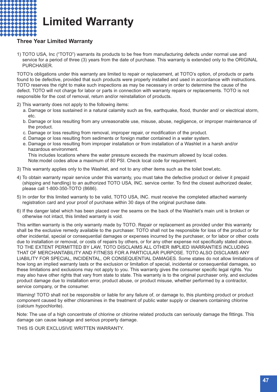 Limited warranty | Toto NEOREST MS990CG User Manual | Page 47 / 48