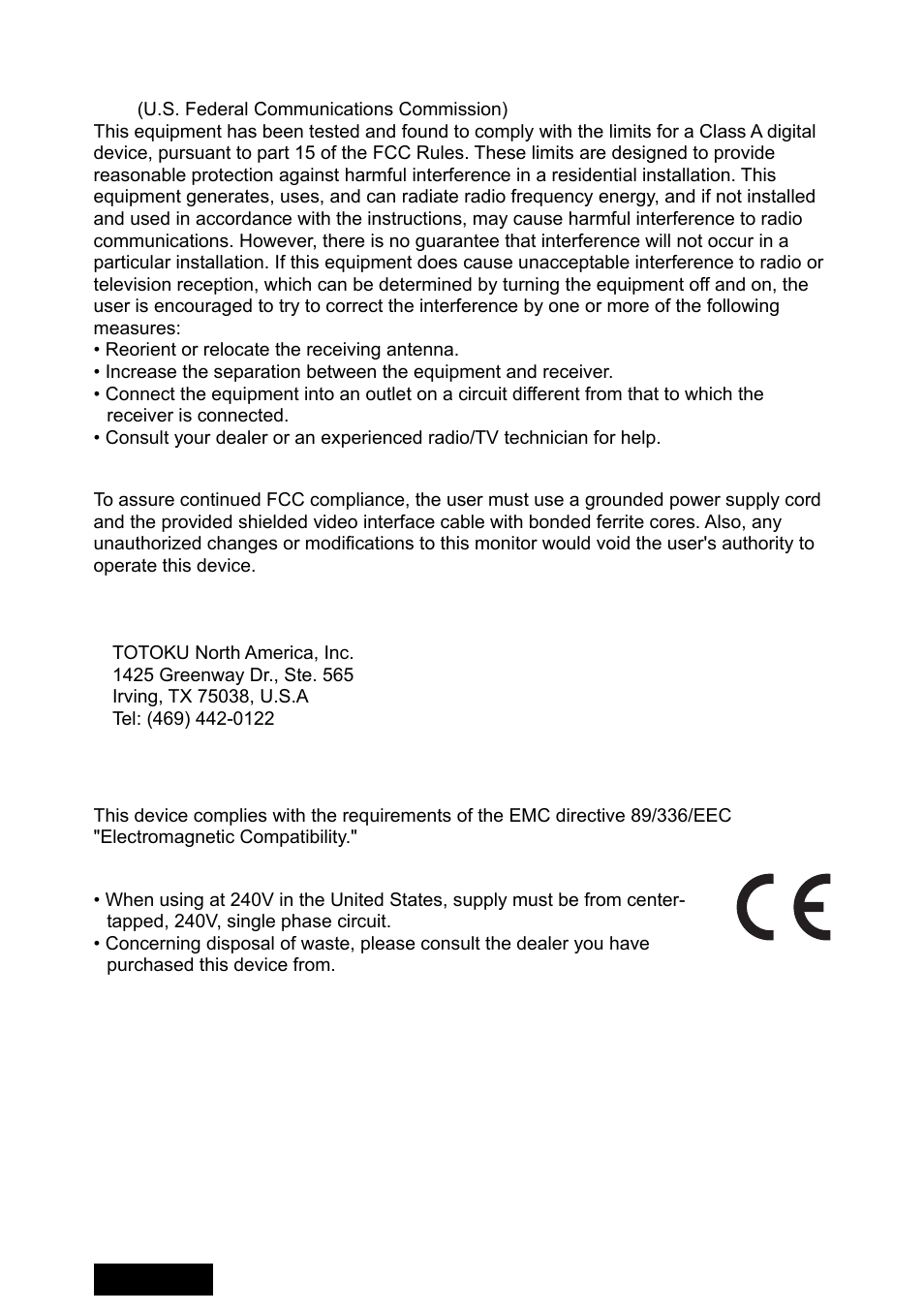 Fcc information, Ce certifi cation, English | Toto LVU2E1 User Manual | Page 4 / 60