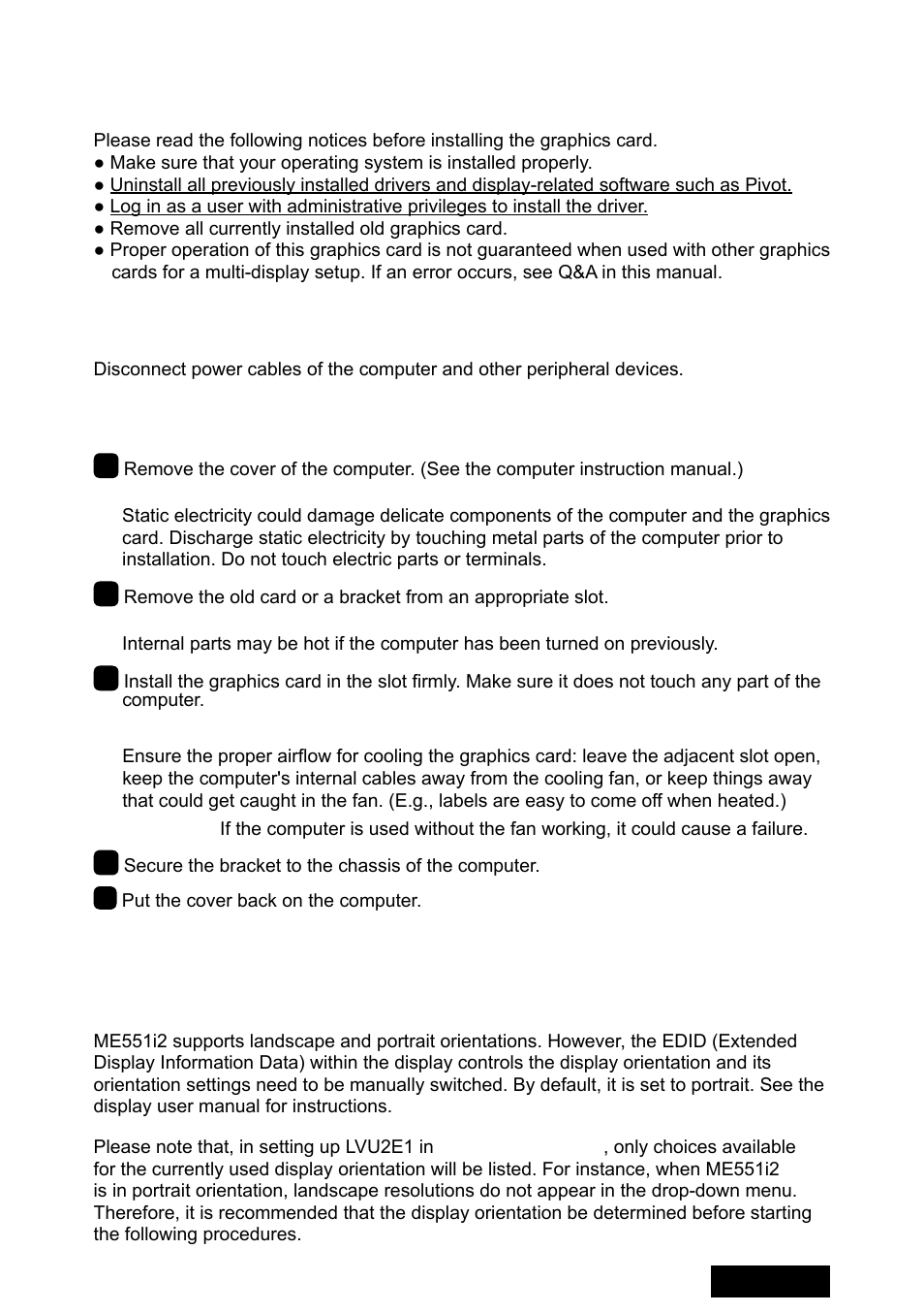 Hardware installation, Disconnecting power cables, Installing the graphics card | Connecting the display | Toto LVU2E1 User Manual | Page 7 / 60