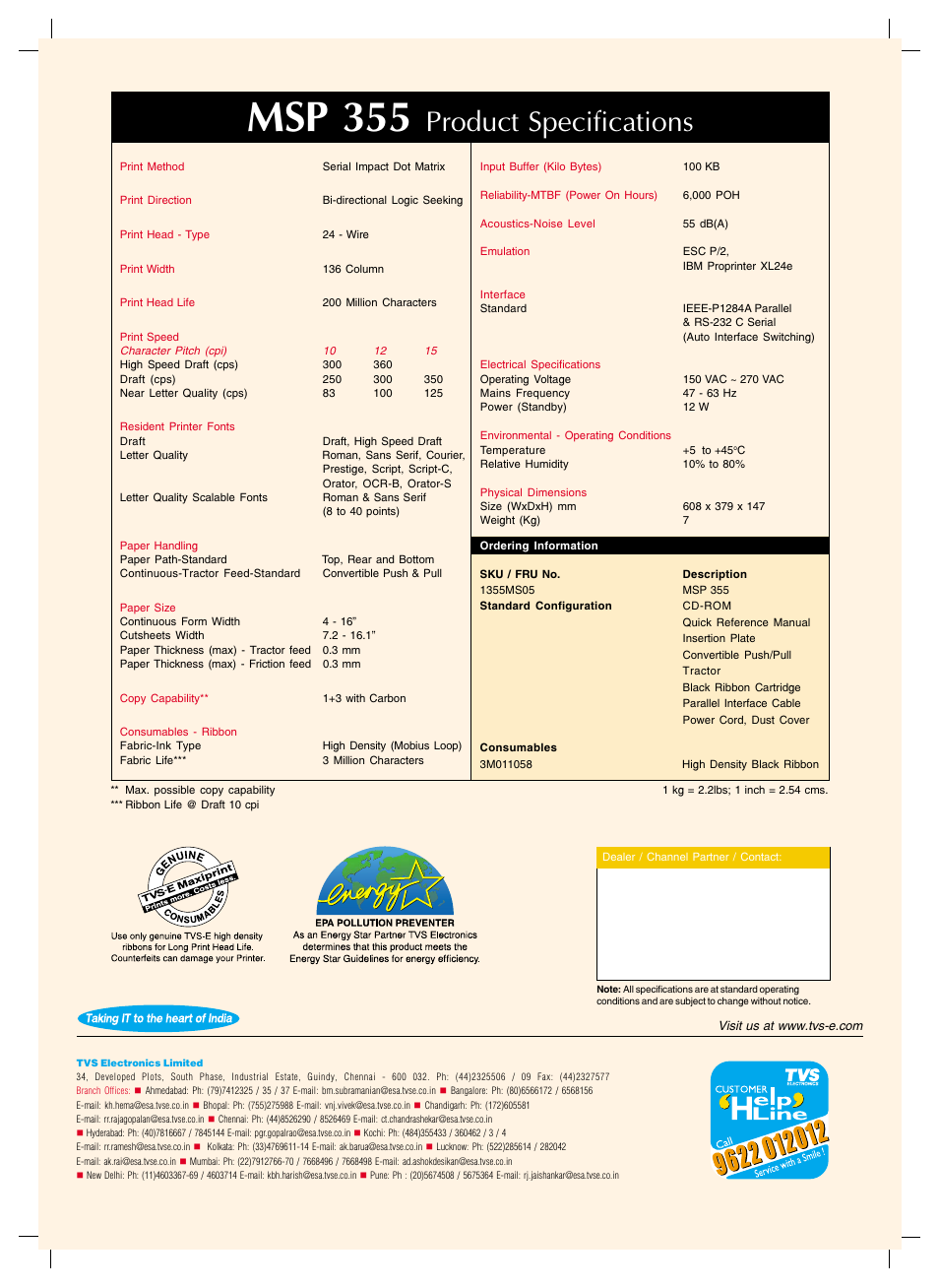 Msp 355, Product specifications | TVS electronic MSP 355 User Manual | Page 2 / 2