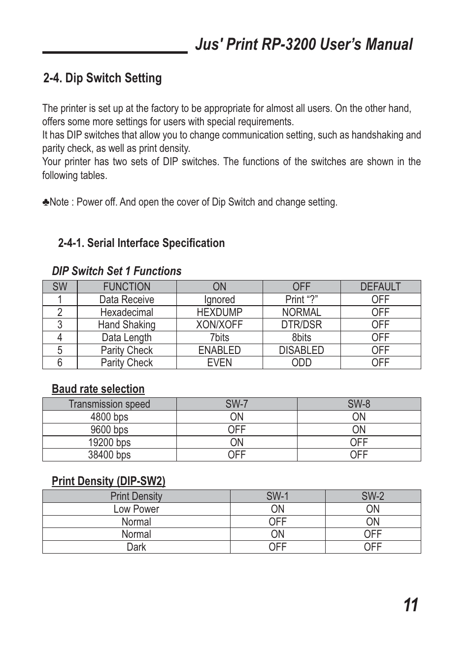 Jus' print rp-3200 user’s manual, 4. dip switch setting | TVS electronic RP-3200 User Manual | Page 12 / 28