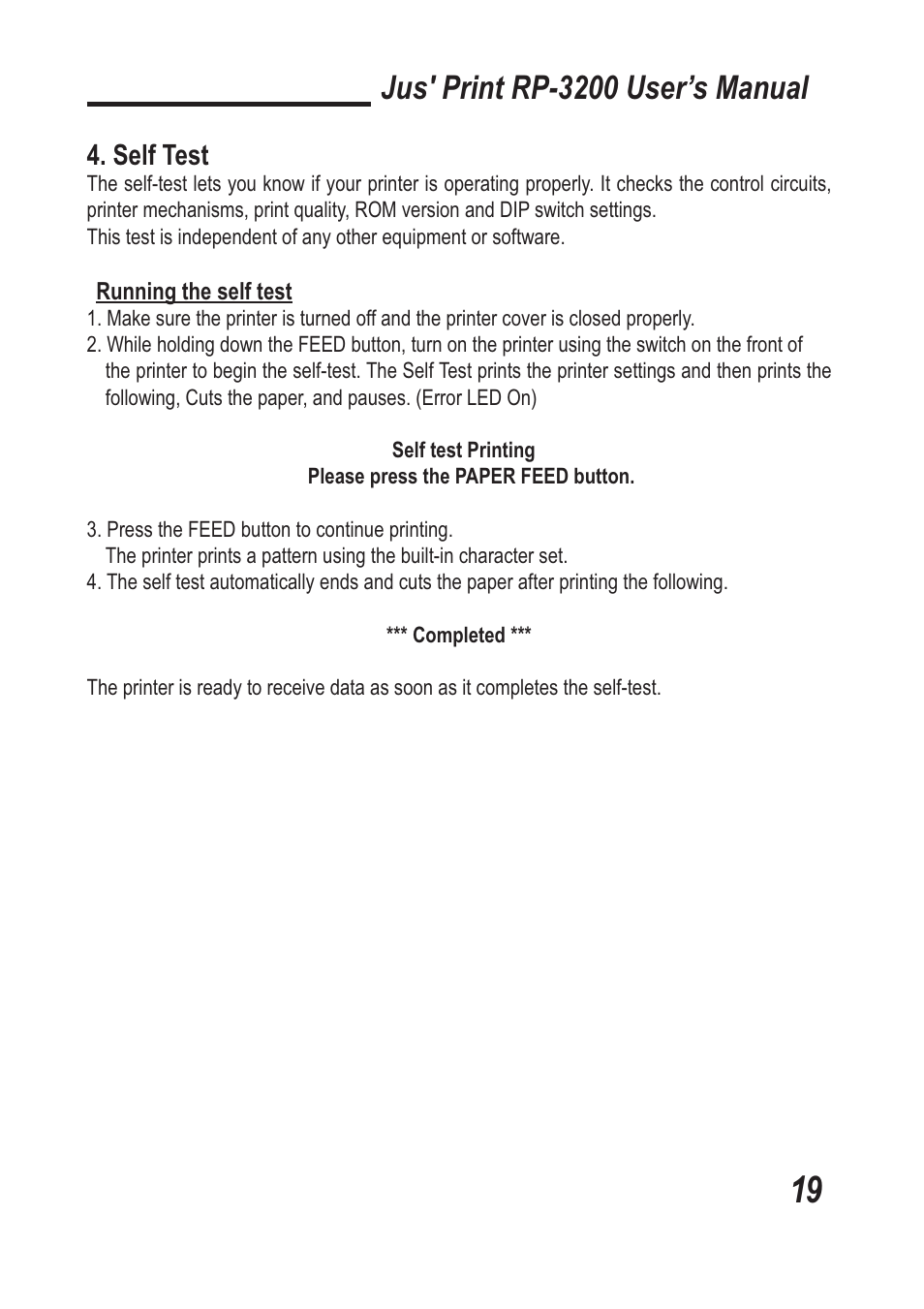 Jus' print rp-3200 user’s manual, Self test | TVS electronic RP-3200 User Manual | Page 20 / 28