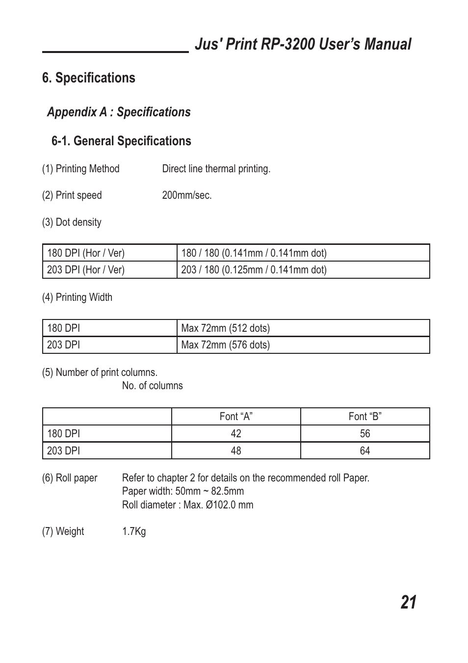 Jus' print rp-3200 user’s manual, Speciﬁcations | TVS electronic RP-3200 User Manual | Page 22 / 28