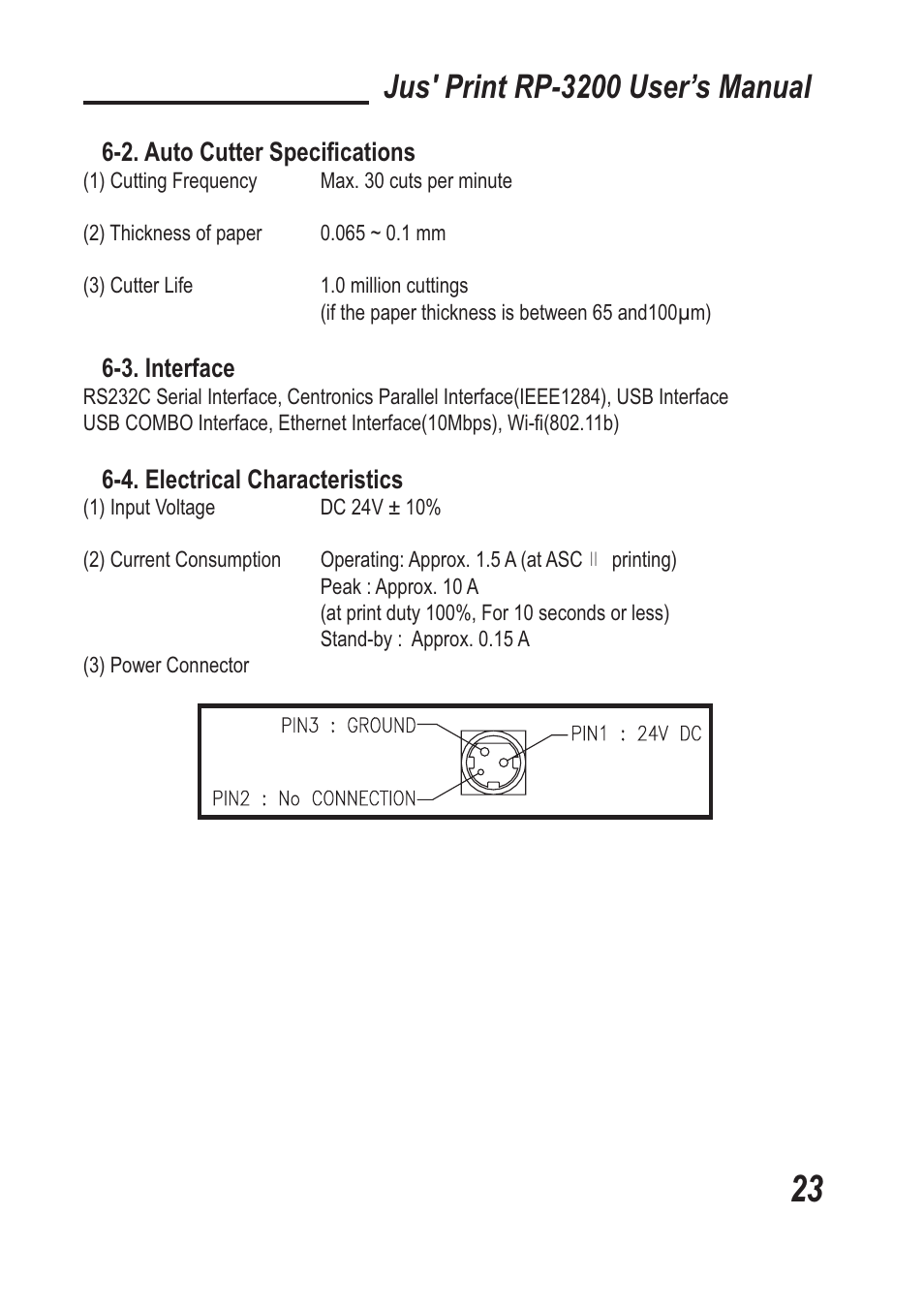 Jus' print rp-3200 user’s manual, 2. auto cutter speciﬁcations, 3. interface | 4. electrical characteristics | TVS electronic RP-3200 User Manual | Page 24 / 28