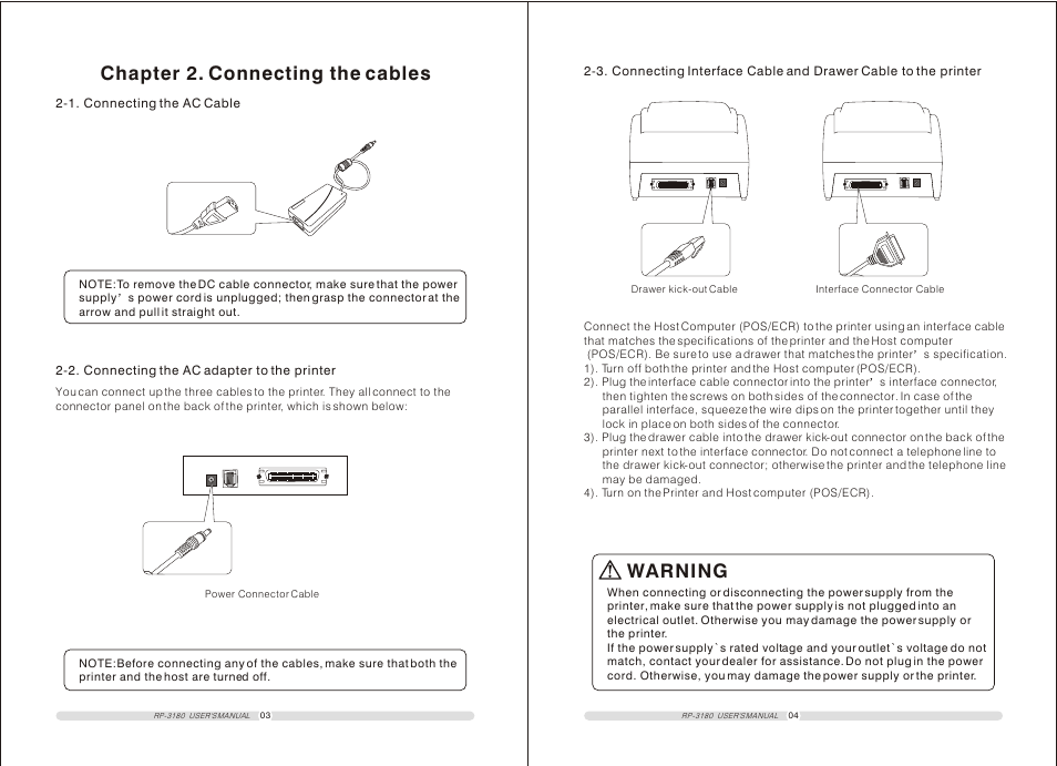 Т³гж 5, Chapter 2. connecting the cables, Warning | TVS electronic MINI THERMAL RP-3180 User Manual | Page 5 / 19