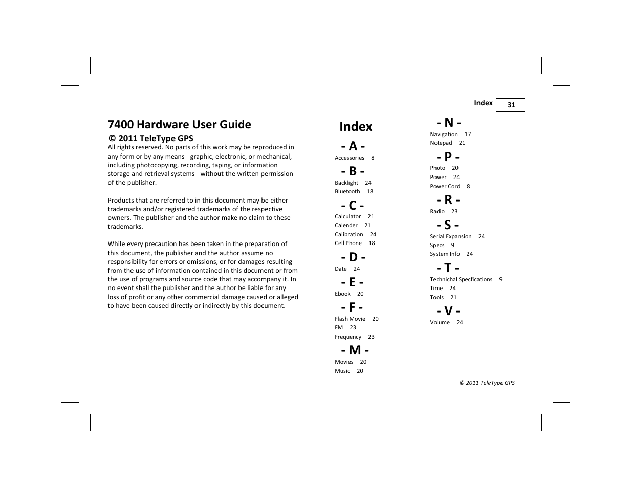 Index - a, 7400 hardware user guide | TeleType Company WORLDNAV 7400 User Manual | Page 2 / 16