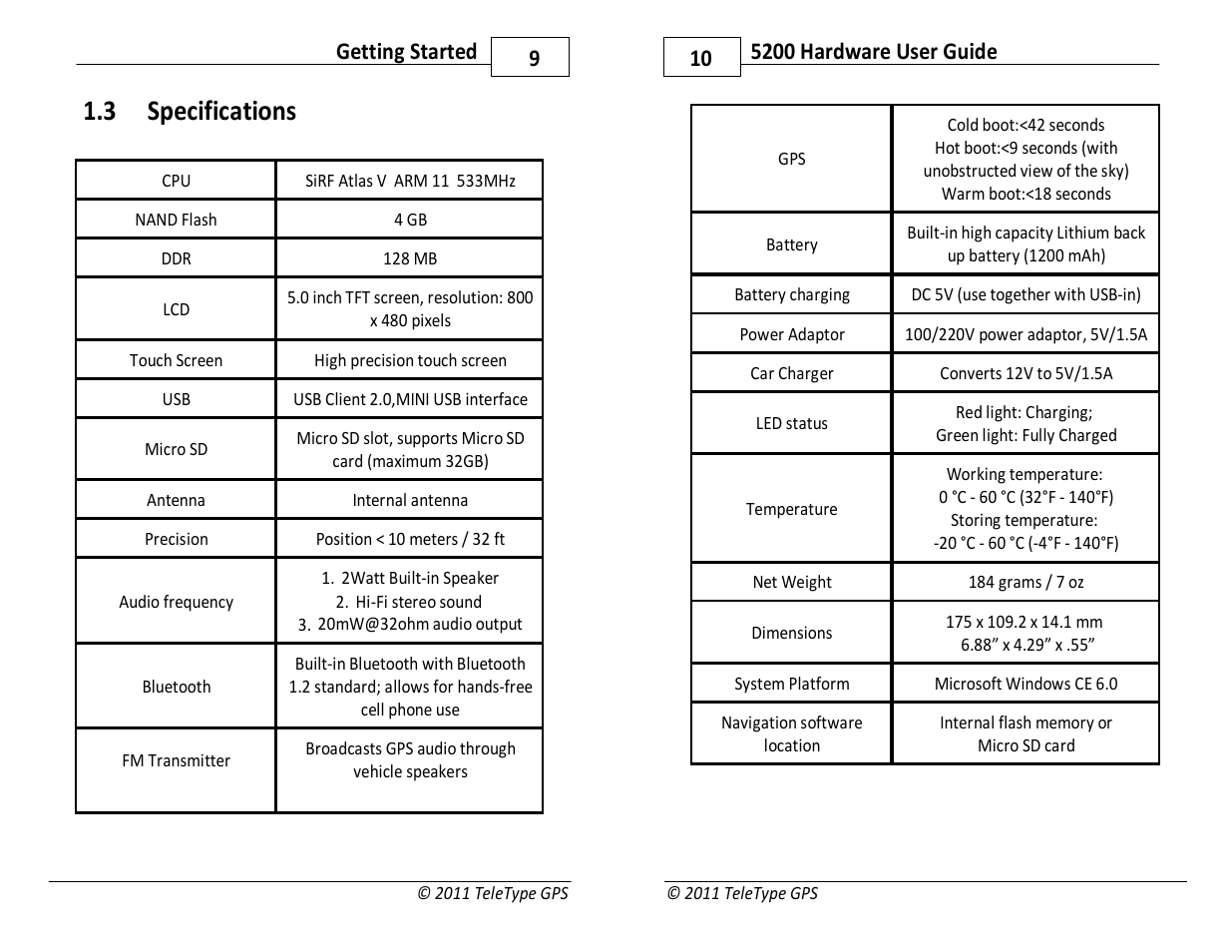 3 specifications, 9getting started | TeleType Company WORLDNAV 5200 User Manual | Page 5 / 15