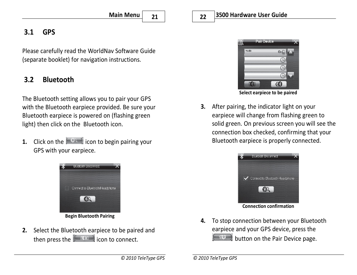 1 gps, 2 bluetooth | TeleType Company WORLDNAV 3500 User Manual | Page 11 / 16