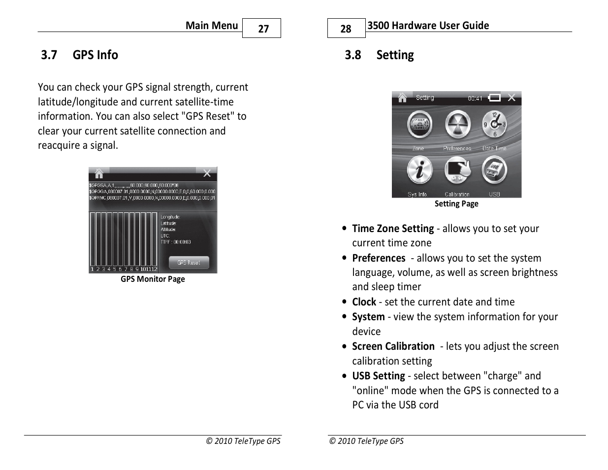 7 gps info, 8 setting | TeleType Company WORLDNAV 3500 User Manual | Page 14 / 16