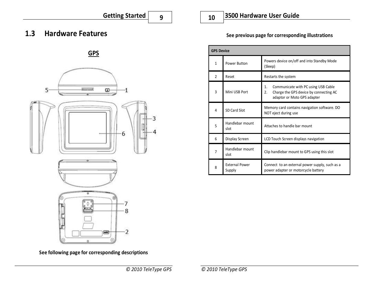3 hardware features, 9getting started | TeleType Company WORLDNAV 3500 User Manual | Page 5 / 16