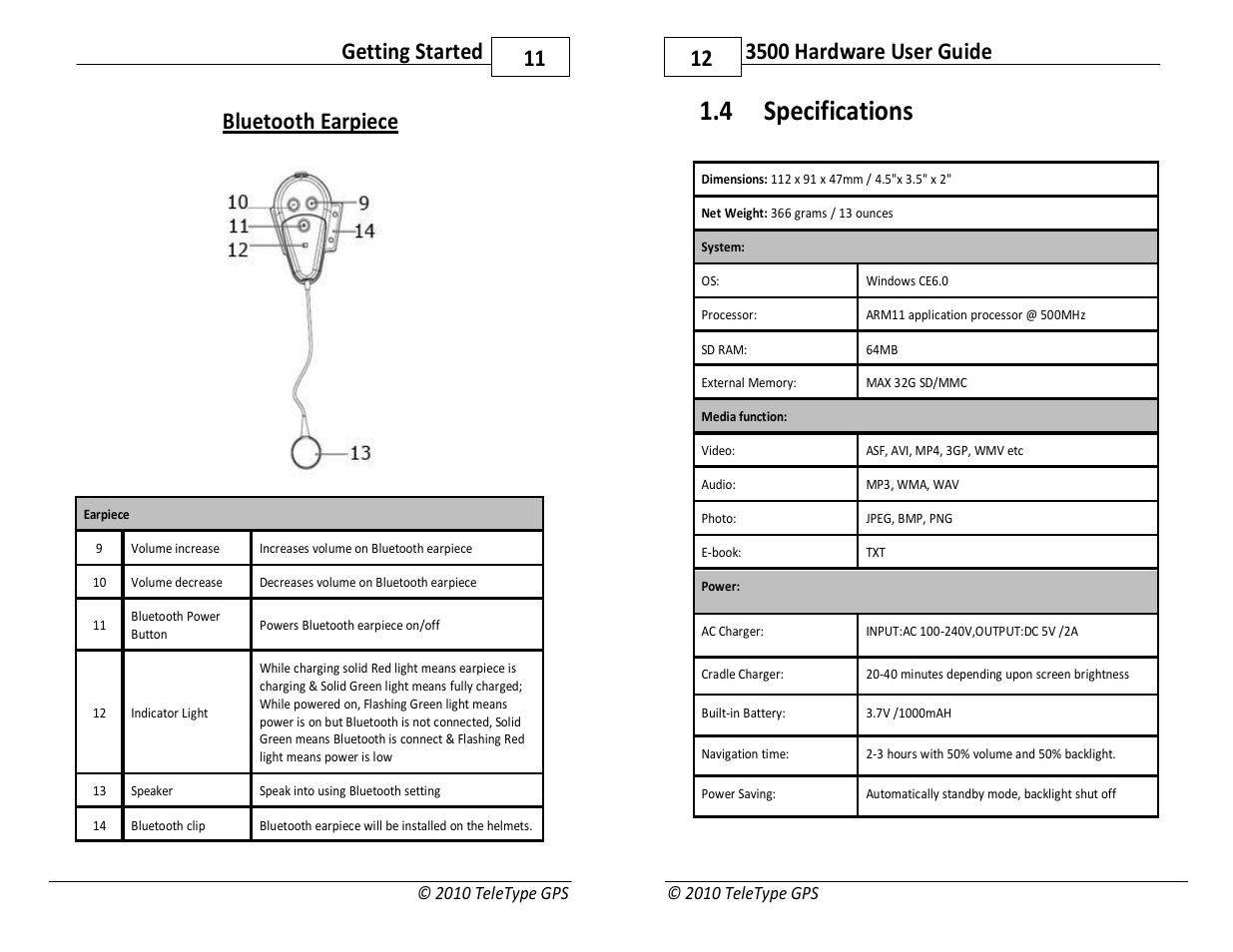 4 specifications, 11 getting started bluetooth earpiece | TeleType Company WORLDNAV 3500 User Manual | Page 6 / 16