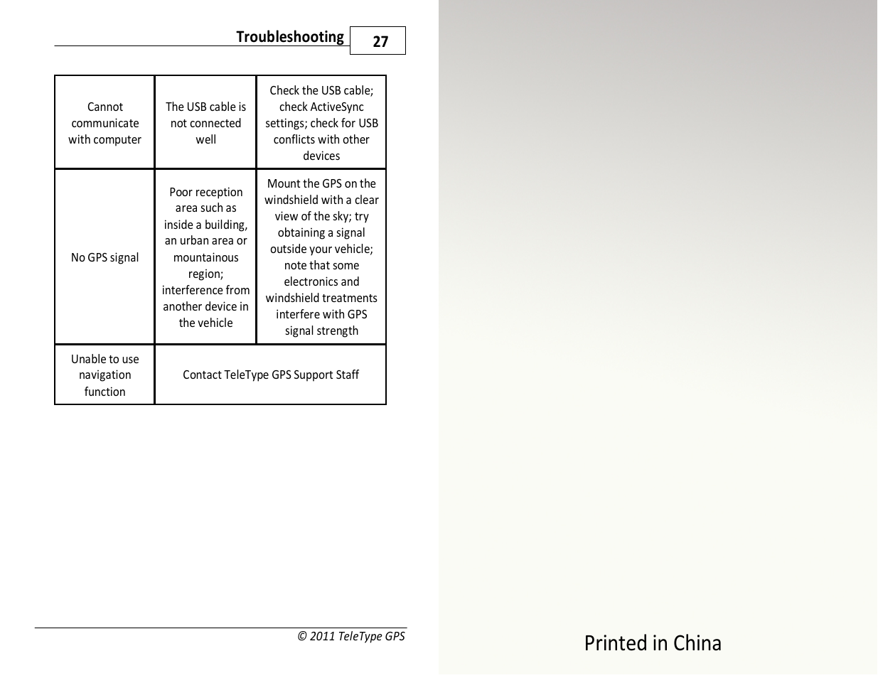 Printed in china, 27 troubleshooting | TeleType Company WORLDNAV 4300 User Manual | Page 14 / 14