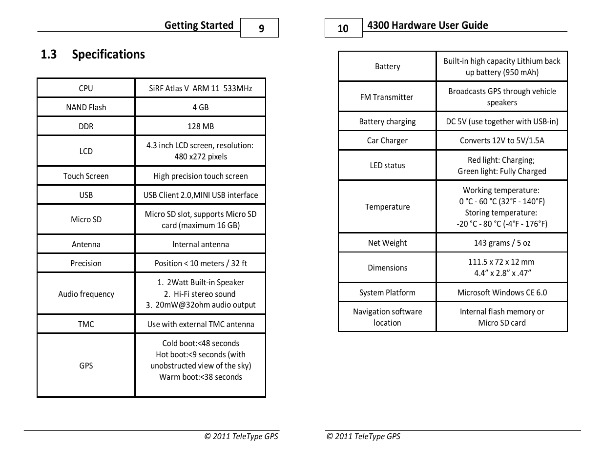 3 specifications, 9getting started | TeleType Company WORLDNAV 4300 User Manual | Page 5 / 14