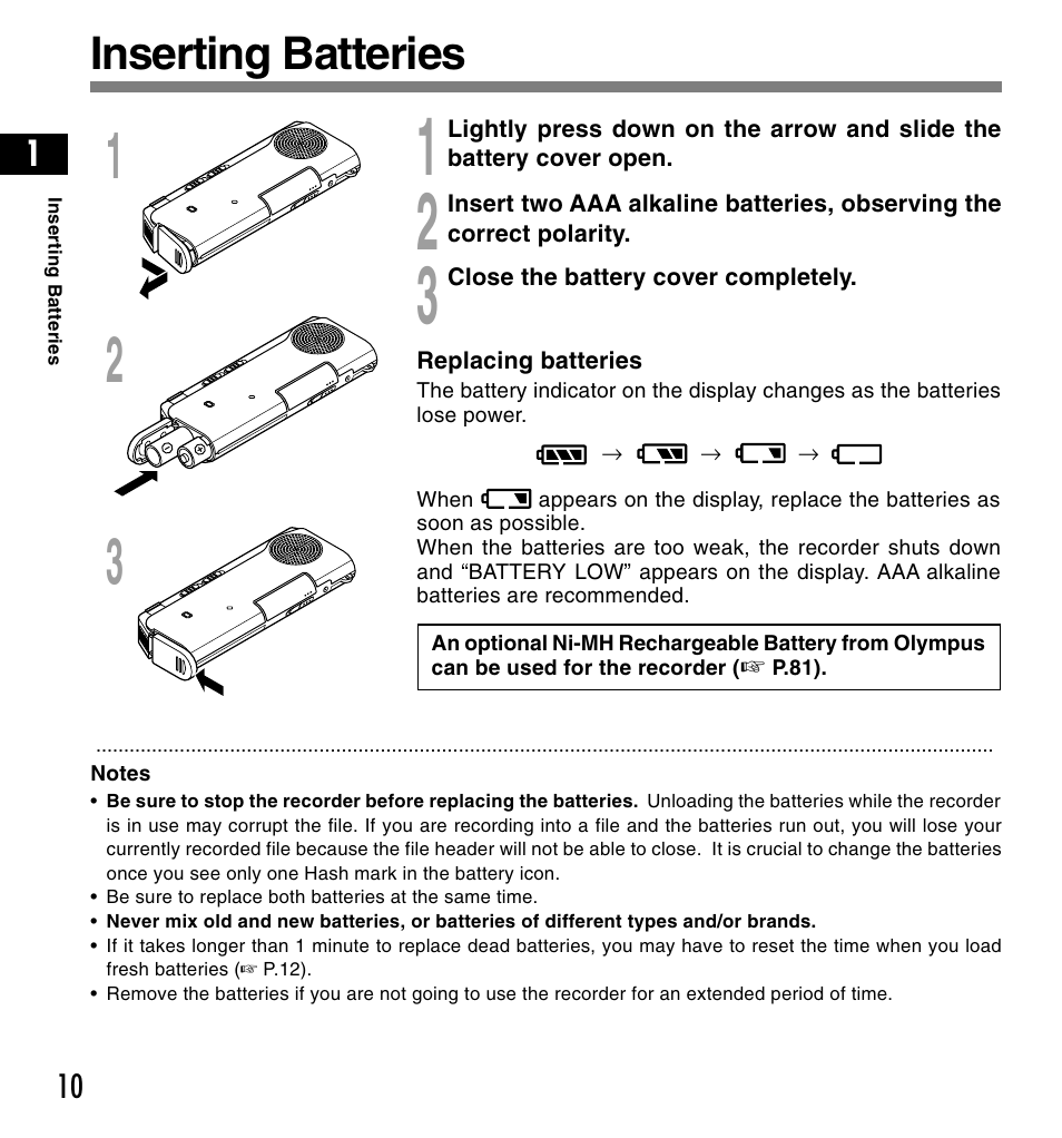 Inserting batteries | Olympus DS-2200 User Manual | Page 10 / 84