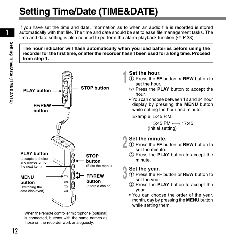 Setting time/date (time&date) | Olympus DS-2200 User Manual | Page 12 / 84