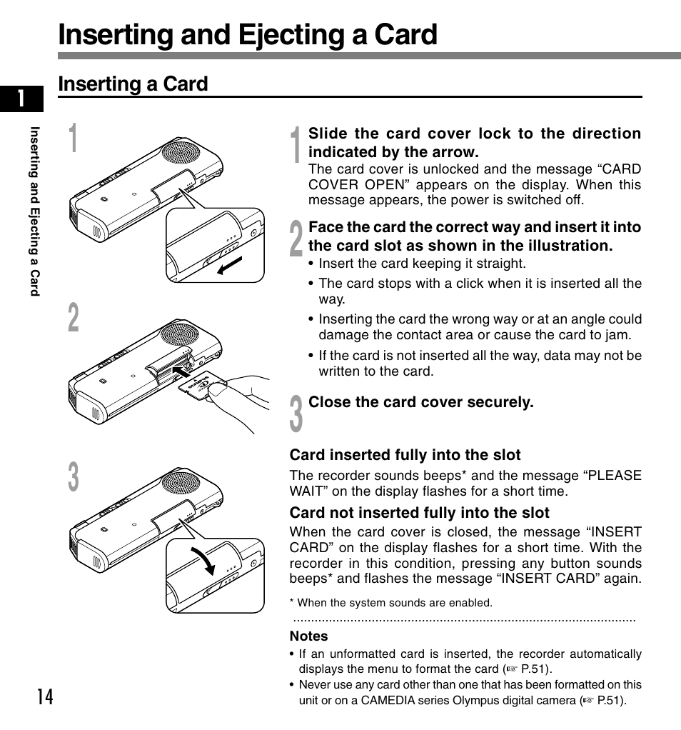 Inserting and ejecting a card | Olympus DS-2200 User Manual | Page 14 / 84