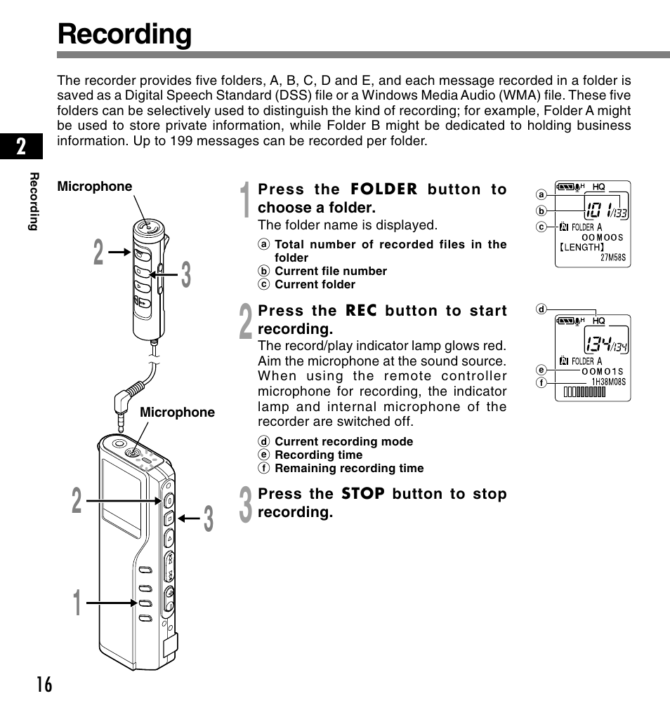 Recording | Olympus DS-2200 User Manual | Page 16 / 84