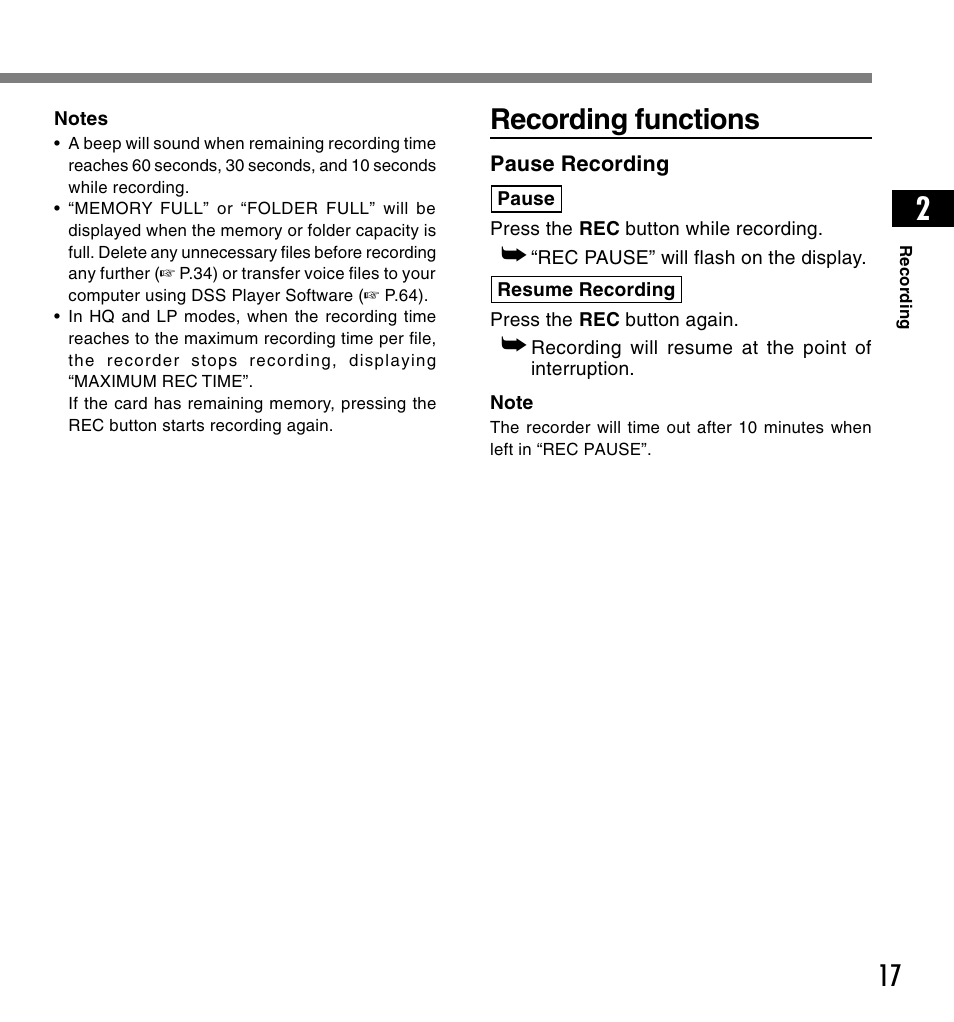 Recording functions | Olympus DS-2200 User Manual | Page 17 / 84