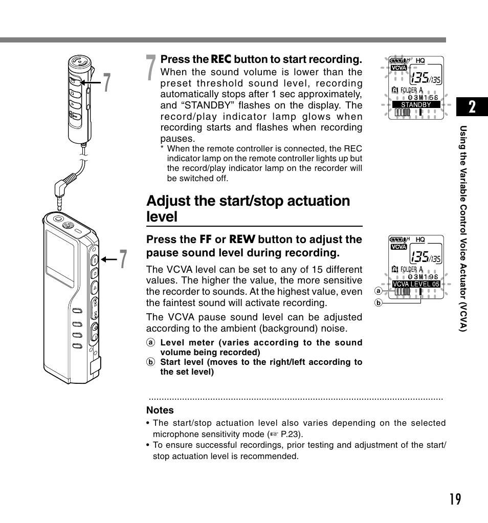 Adjust the start/stop actuation level | Olympus DS-2200 User Manual | Page 19 / 84