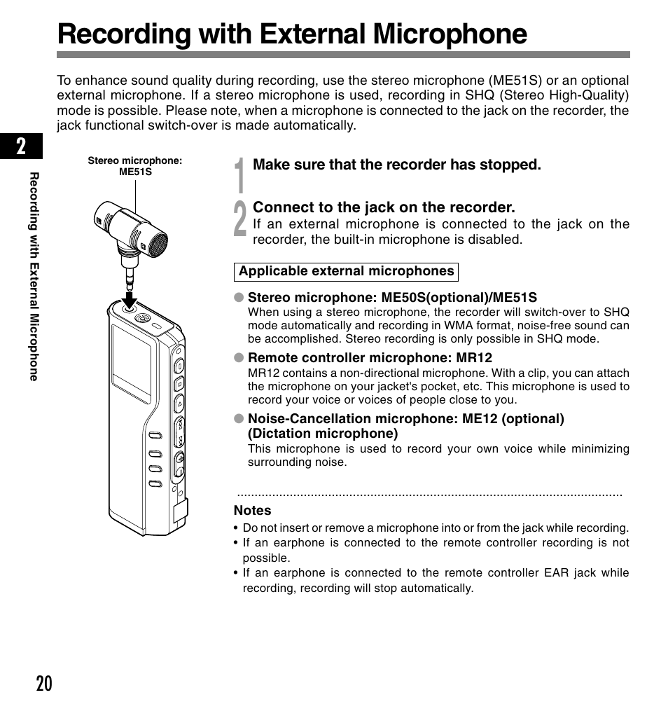 Recording with external microphone | Olympus DS-2200 User Manual | Page 20 / 84