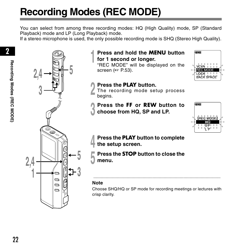 Recording modes (rec mode) | Olympus DS-2200 User Manual | Page 22 / 84
