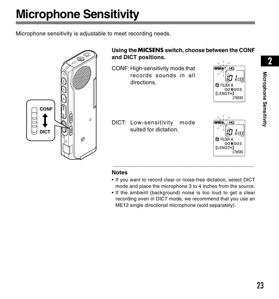 Microphone sensitivity | Olympus DS-2200 User Manual | Page 23 / 84