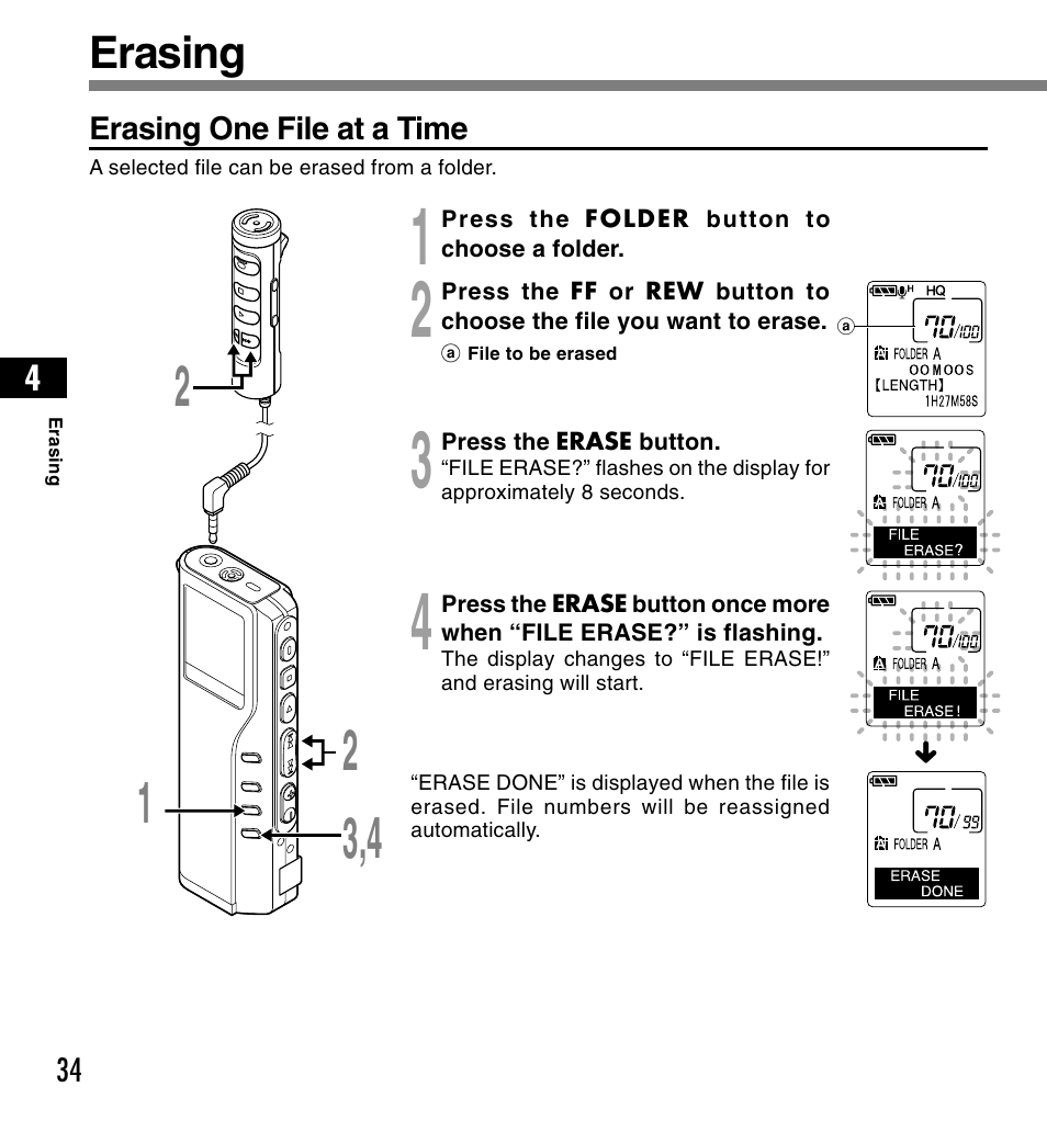 Erasing | Olympus DS-2200 User Manual | Page 34 / 84